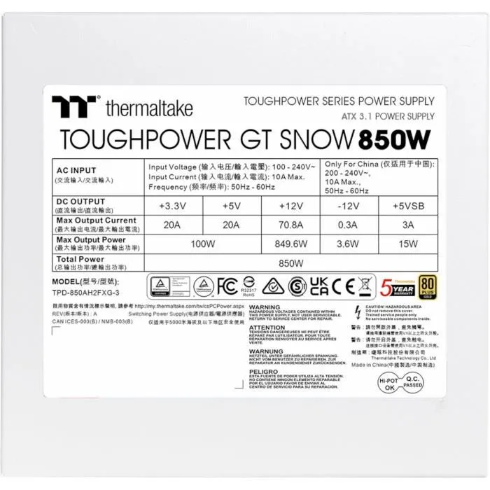 Thermaltake - Toughpower GT Snow - Alimentation PC 850W 80+ Gold ATX 3.1 - Full Modulaire - PCI-E 5.1 12VHPWR - Blanc