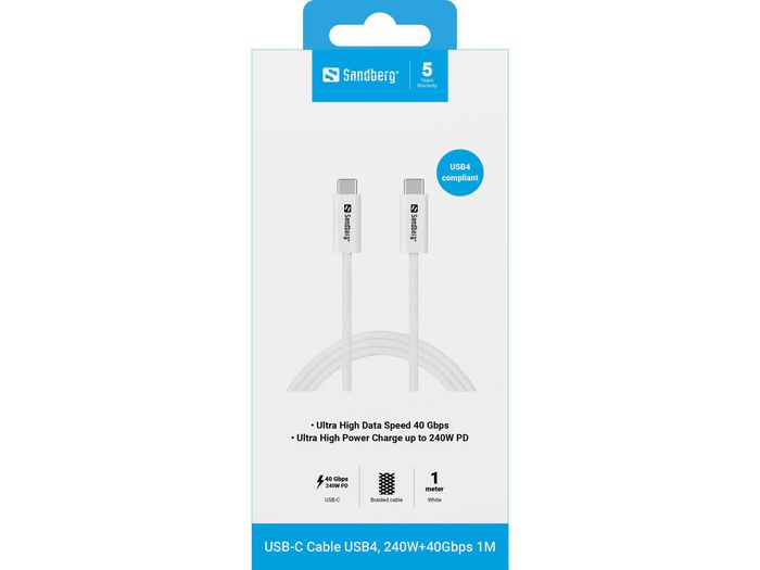 Sandberg Câble USB-C vers USB-C USB4 240W 40 Gb/s, 1 mètre Sandberg Câble USB-C vers USB-C USB4 240W 40 Gb/s, 1 mètre