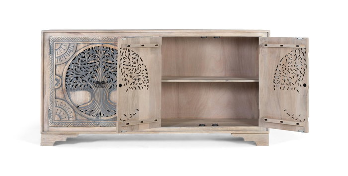 GINER Y COLOMER - Buffet en bois de manguier avec 4 portes décorées à la main, motifs sculptés Arbre de Vie, finition naturelle et bleue, intérieur avec étagères GINER Y COLOMER - Buffet en bois de manguier avec 4 portes décorées à la main, motifs sculptés Arbre de Vie, finition naturelle et bleue, intérieur avec étagères