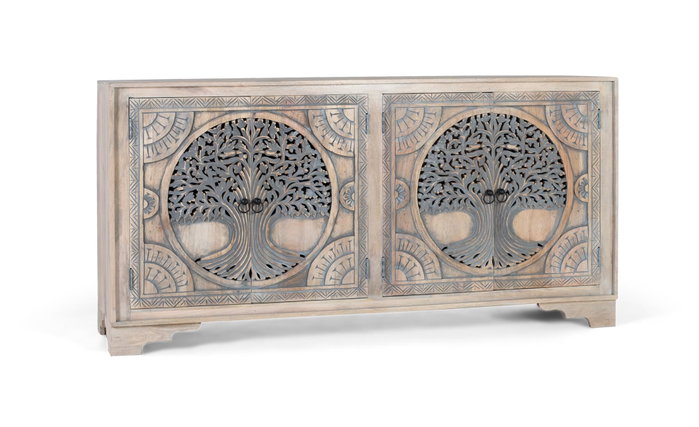 GINER Y COLOMER - Buffet en bois de manguier avec 4 portes décorées à la main, motifs sculptés Arbre de Vie, finition naturelle et bleue, intérieur avec étagères GINER Y COLOMER - Buffet en bois de manguier avec 4 portes décorées à la main, motifs sculptés Arbre de Vie, finition naturelle et bleue, intérieur avec étagères