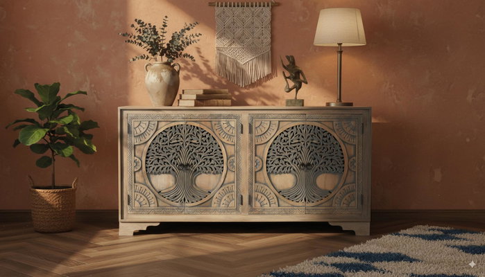 GINER Y COLOMER - Buffet en bois de manguier avec 4 portes décorées à la main, motifs sculptés Arbre de Vie, finition naturelle et bleue, intérieur avec étagères GINER Y COLOMER - Buffet en bois de manguier avec 4 portes décorées à la main, motifs sculptés Arbre de Vie, finition naturelle et bleue, intérieur avec étagères