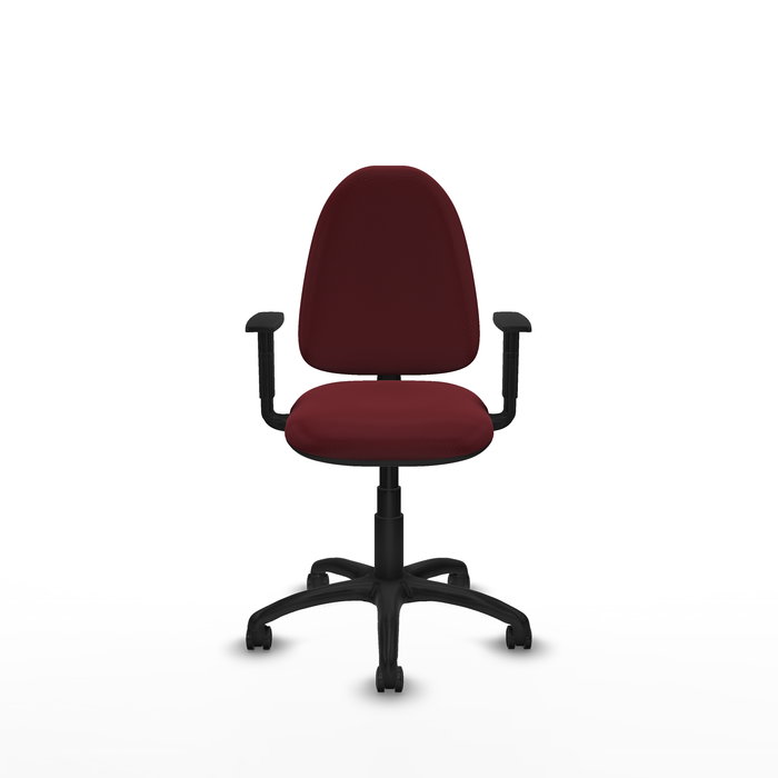 Chaise de bureau Aýna avec mécanisme de contact permanent de base, revêtue de simili cuir couleur grenat. Équipée d'une base en polyamide noir, d'accoudoirs 1D et de roulettes pour parquet.