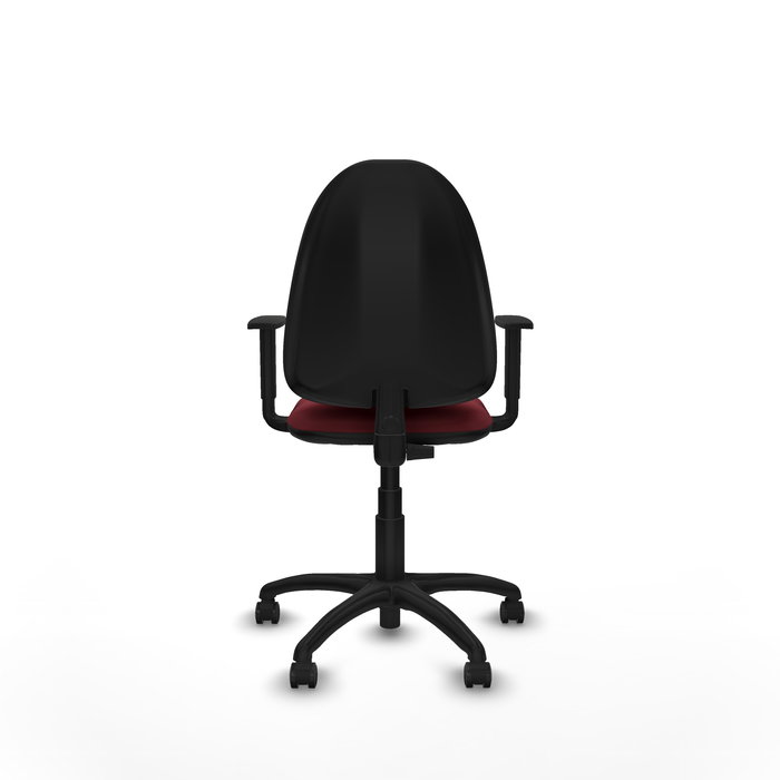 Chaise de bureau Aýna avec mécanisme de contact permanent de base, revêtue de simili cuir couleur grenat. Équipée d'une base en polyamide noir, d'accoudoirs 1D et de roulettes pour parquet.