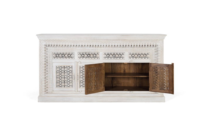 GINER Y COLOMER - Buffet en bois de manguier massif, finition blanc vieilli, 4 portes et 4 tiroirs, 190x100x40 cm