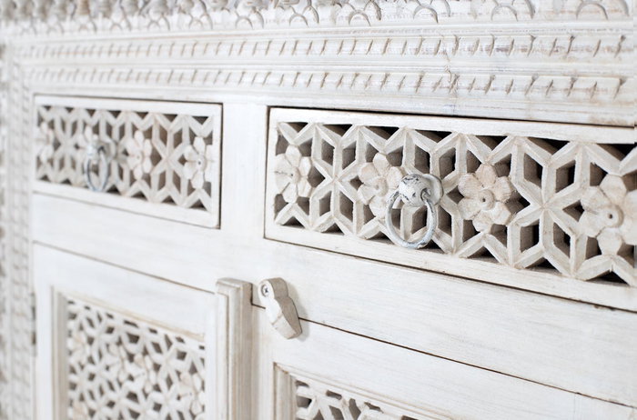 GINER Y COLOMER - Buffet en bois de manguier massif, finition blanc vieilli, 4 portes et 4 tiroirs, 190x100x40 cm