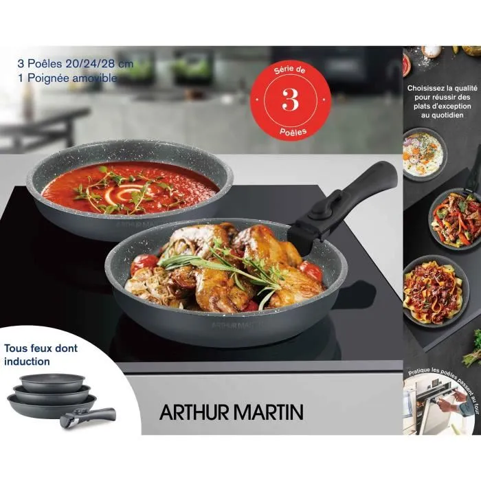 Arthur Martin AM521GM - Set de 3 poêles en aluminium antiadhésif 20, 24, 28 cm avec poignée amovible - Compatible tous feux dont induction