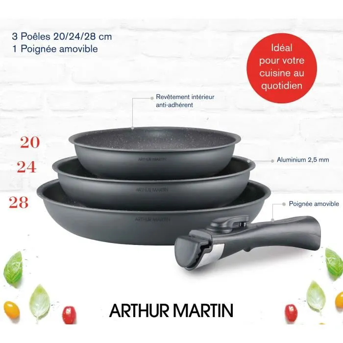 Arthur Martin AM521GM - Set de 3 poêles en aluminium antiadhésif 20, 24, 28 cm avec poignée amovible - Compatible tous feux dont induction