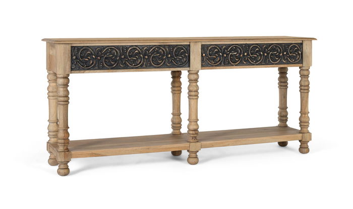 GINER Y COLOMER - Console d'entrée en bois de manguier design artisanal, finition naturelle et gris patiné, avec étagère inférieure - 174 cm