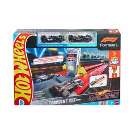 Hot Wheels JKM88 Ensemble véhicule de course et piste Formule 1, coffret avec piste de lancement à deux voies et voitures licenciées, multicolore