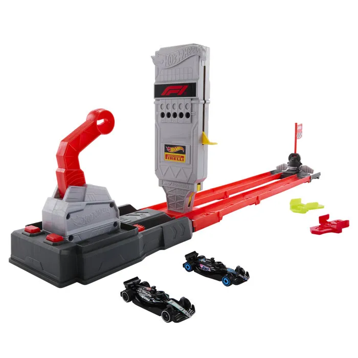 Hot Wheels JKM88 Ensemble véhicule de course et piste Formule 1, coffret avec piste de lancement à deux voies et voitures licenciées, multicolore