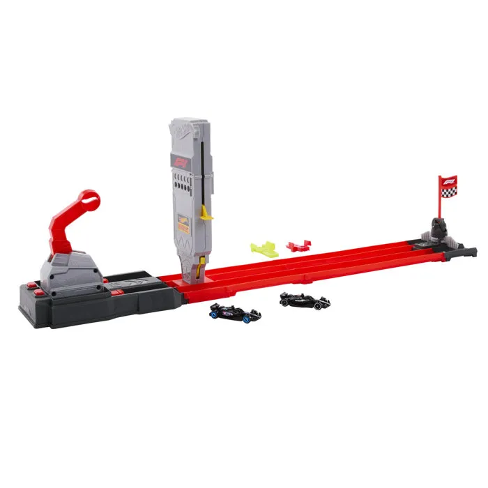 Hot Wheels JKM88 Ensemble véhicule de course et piste Formule 1, coffret avec piste de lancement à deux voies et voitures licenciées, multicolore