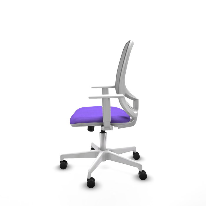 Chaise Cilanco Synchro 3 positions tissu Violet Maille Gris Structure polyamide blanc Accoudoirs blancs Sans appui-tête Roulettes 65mm nylon
