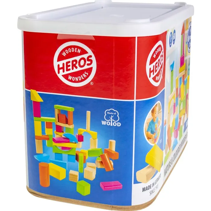 Heros - Blocs de Construction en Bois Colorés - 100% Certifié FSC - 60 Pièces - À Partir de 1 An - Boîte de Rangement