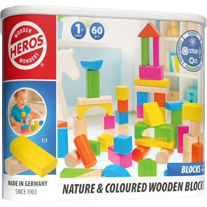 Heros - Blocs de Construction en Bois Colorés - 100% Certifié FSC - 60 Pièces - À Partir de 1 An - Boîte de Rangement