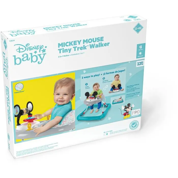 Disney Baby - Mickey - Trotteur Bébé Évolutif et Pliable 2-en-1 avec Centre d'Activités Amovible, Jeu d'Éveil Lumineux et Musical - Cadeau Bébé