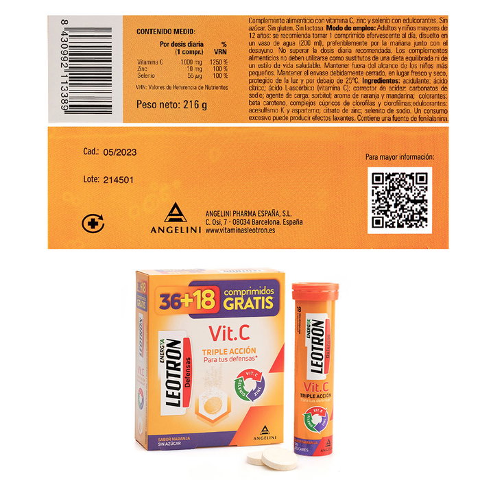 Leotron Vitamine C Triple Action Comprimés Effervescents Goût Orange 54 unités