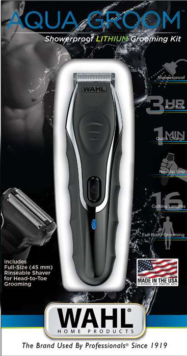 Wahl 09899-016 AQUAGROOM Tondeuse à barbe et corps résistante à l'eau avec/sans fil, rechargeable, avec 12 guides de coupe et batterie lithium pour 3h d'autonomie