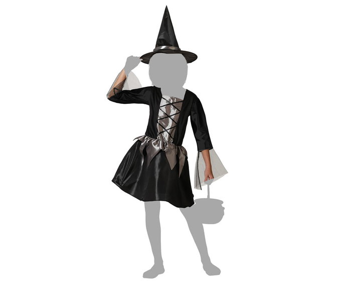 Costume de Sorcière Enfant Gris avec Robe Courte et Chapeau pour Fille 10-12 Ans - Déguisement Halloween Polyester
