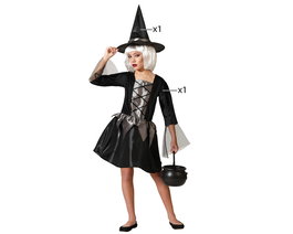Costume de Sorcière Enfant Gris avec Robe Courte et Chapeau pour Fille 10-12 Ans - Déguisement Halloween Polyester