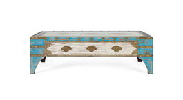 GINER Y COLOMER Table basse en bois de manguier vieilli bleu et blanc, dessus en verre transparent, design rustique artisanal, 150 x 90 x 46 cm