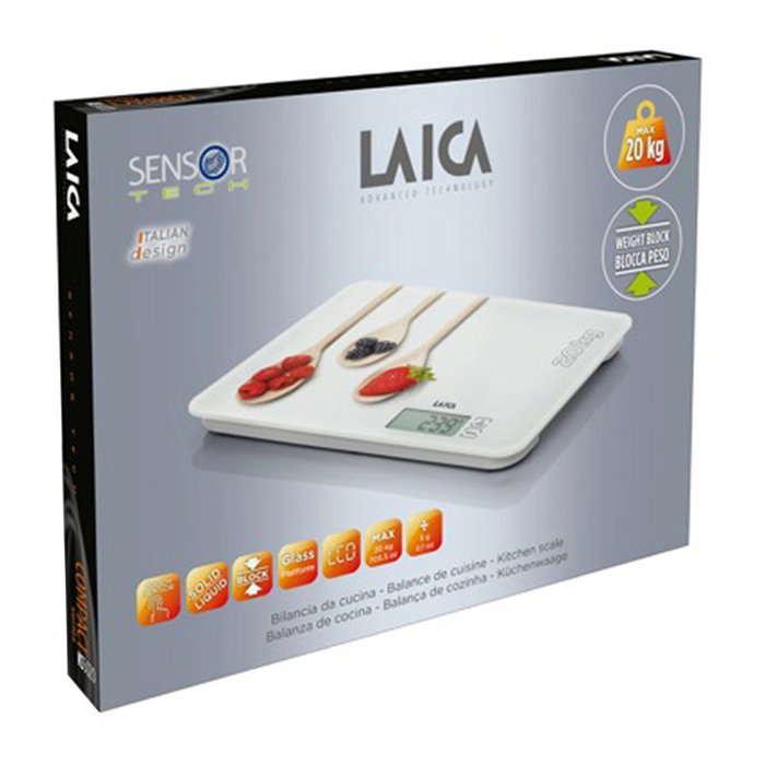Laica Bâscula électronique de cuisine Cucharas, verre trempé, max 20 kg, écran LCD