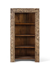 GINER Y COLOMER, Bibliothèque en bois de manguier avec finition vieillie, 183 cm, 4 étagères, motifs floraux sculptés à la main