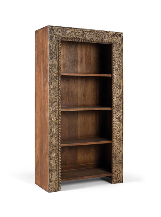 GINER Y COLOMER, Bibliothèque en bois de manguier avec finition vieillie, 183 cm, 4 étagères, motifs floraux sculptés à la main
