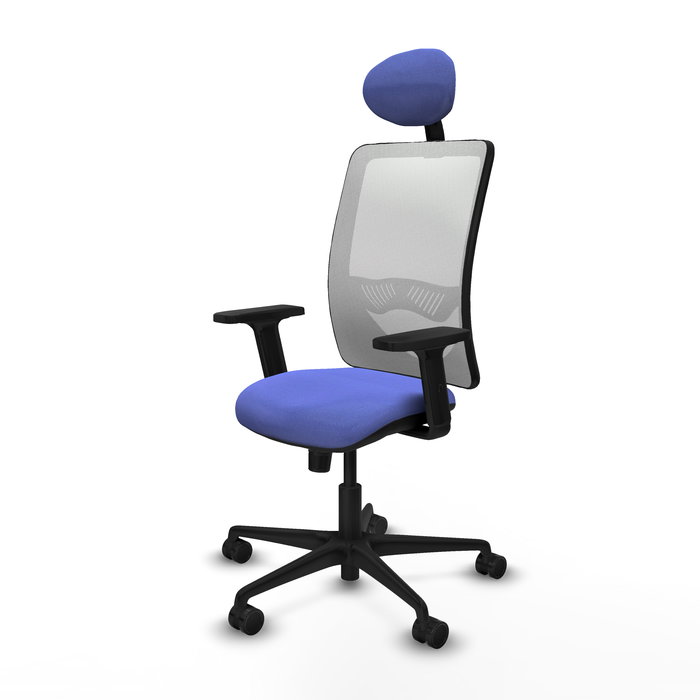 Chaise Zulema Synchro 3 positions tissu Bleu clair Maille Blanc Base en nylon noir Accoudoir 2D Appui-tête Roulettes 65mm nylon