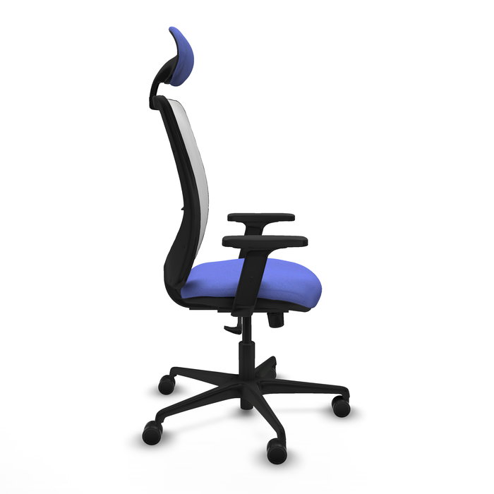 Chaise Zulema Synchro 3 positions tissu Bleu clair Maille Blanc Base en nylon noir Accoudoir 2D Appui-tête Roulettes 65mm nylon