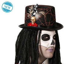 Claquer Chapeau Noir avec Filets et Tête de Mort - Accessoire Déguisement Gothique, Squelette, Halloween