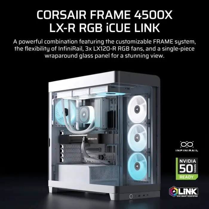 Corsair FRAME 4500X LX-R - Boîtier PC Mid-Tower en verre trempé avec éclairage RGB, support pour 2 radiateurs, ventilateurs inversés - Blanc