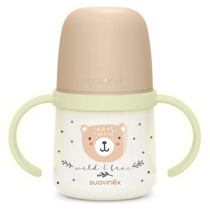 Suavinex Biberon Night&Day Wild&Free 150 ml avec Anses et Bec en Silicone Doux - À partir de 6 mois - Marron