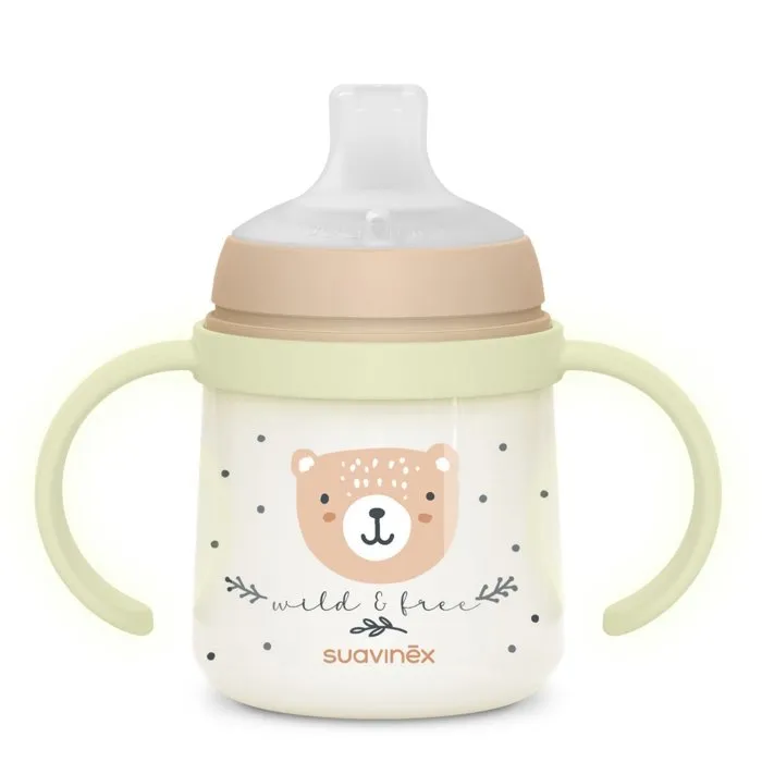 Suavinex Biberon Night&Day Wild&Free 150 ml avec Anses et Bec en Silicone Doux - À partir de 6 mois - Marron