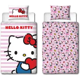 Hello Kitty - Parure de lit réversible en microfibre - Housse de couette 140 x 200 cm + Taie d'oreiller 63 x 63 cm - License officielle