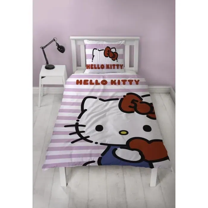 Hello Kitty - Parure de lit réversible en microfibre - Housse de couette 140 x 200 cm + Taie d'oreiller 63 x 63 cm - License officielle