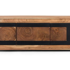 GINER Y COLOMER - Meuble TV 3 portes en bois de manguier massif - Structure couleur naturel et portes noires - Design contemporain
