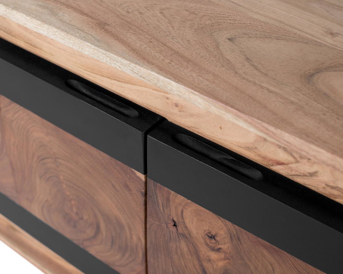 GINER Y COLOMER - Meuble TV 3 portes en bois de manguier massif - Structure couleur naturel et portes noires - Design contemporain