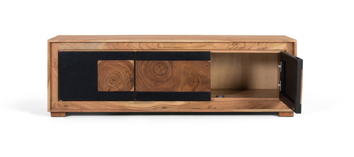 GINER Y COLOMER - Meuble TV 3 portes en bois de manguier massif - Structure couleur naturel et portes noires - Design contemporain
