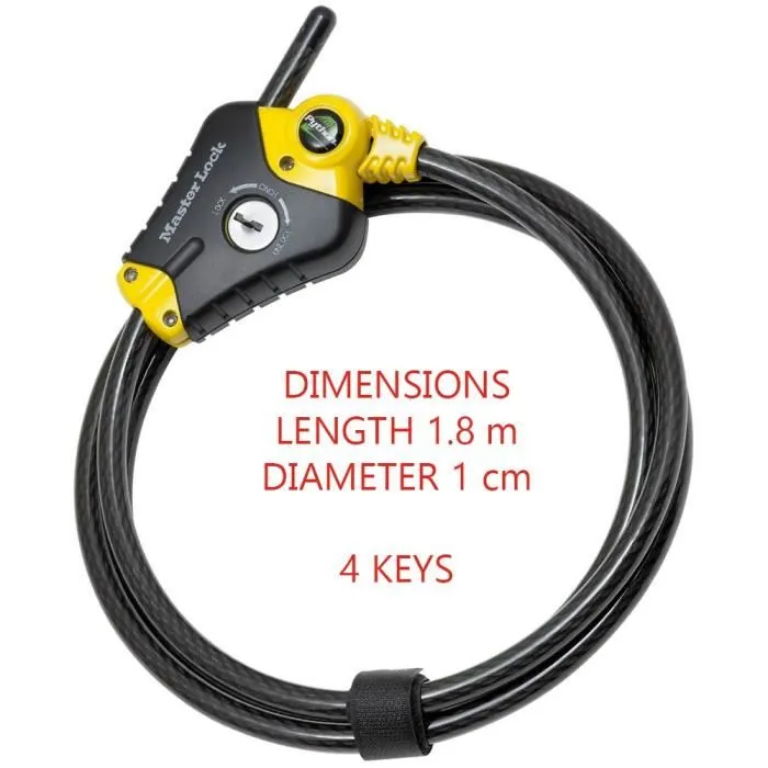 Master Lock 8433EURD Câble antivol Python ajustable 1.8 m (0.30-1.80 m), acier torsadé 10 mm, résistant aux intempéries, noir