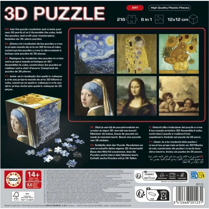 Educa - Puzzle 3D Cube Art - 6 Puzzles de 36 pièces - 216 Pièces - Jeu de Construction Créatif - Dès 8 ans - Réf. 20123