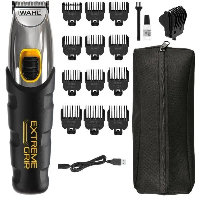 Wahl Tondeuse à Barbe Extreme Grip avec 13 Sabots (1.75-11 mm), Peigne, Huile, Brosse et Pochettes de Rangement - Charge USB - Noir et Orange