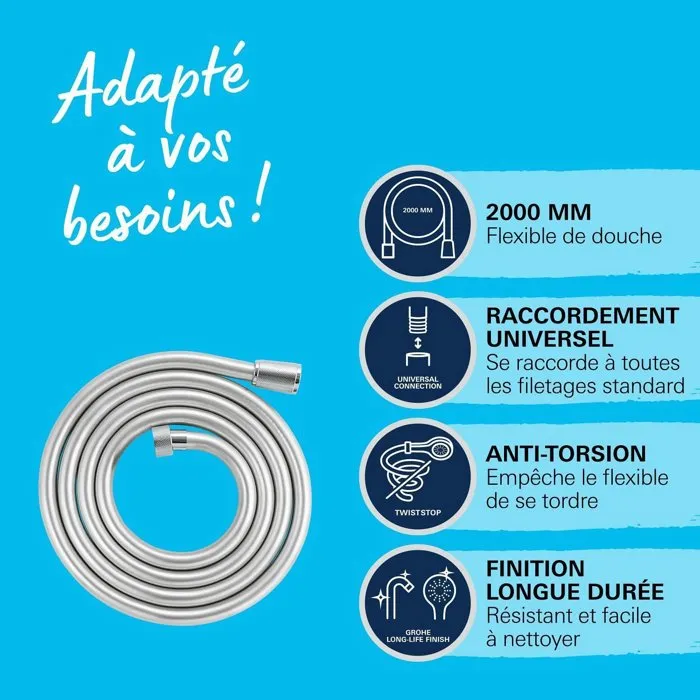 Grohe Flexible de Douche VitalioFlex 27507001, 2 m, Anti-Pliures et Anti-Torsion, Connexion Universelle, Surface Lisse Chromée