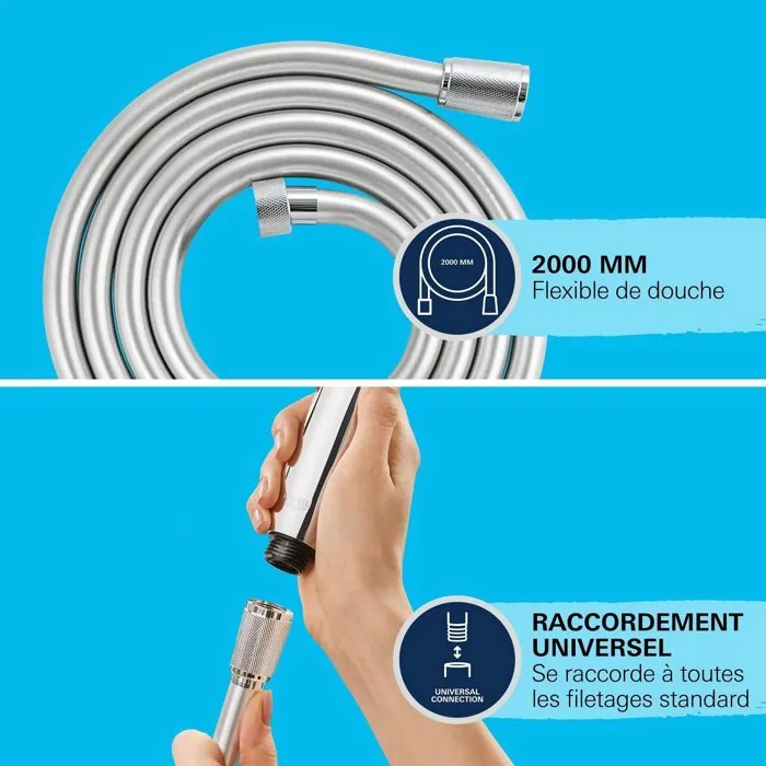 Grohe Flexible de Douche VitalioFlex 27507001, 2 m, Anti-Pliures et Anti-Torsion, Connexion Universelle, Surface Lisse Chromée