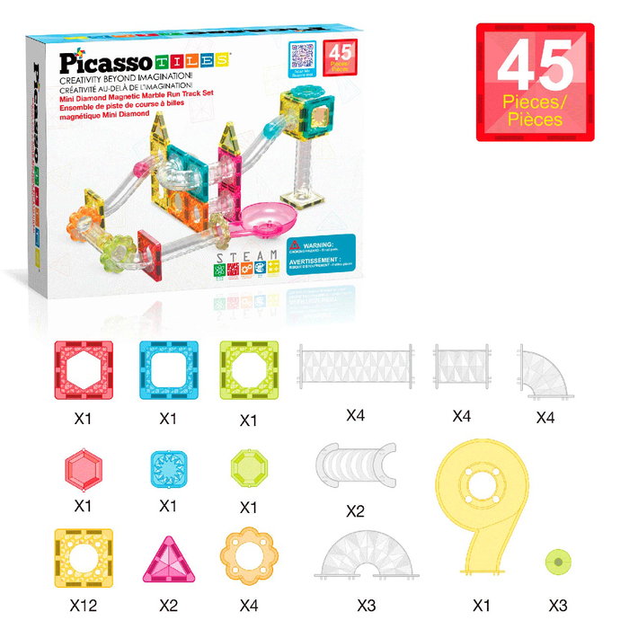 Picasso Tiles Mini Circuit de Billes 45 Pièces avec 3 Billes, Courbes, Rampes et Embuts - Compatible Blocs de Construction Magnétiques - Jouet Enfant 3 ans et plus - Réf. 02021