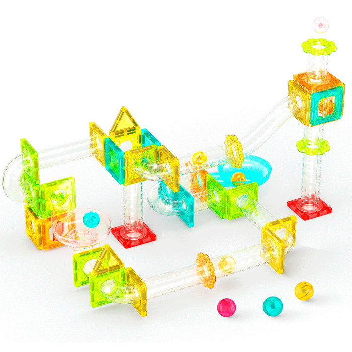 Picasso Tiles Mini Circuit de Billes 45 Pièces avec 3 Billes, Courbes, Rampes et Embuts - Compatible Blocs de Construction Magnétiques - Jouet Enfant 3 ans et plus - Réf. 02021