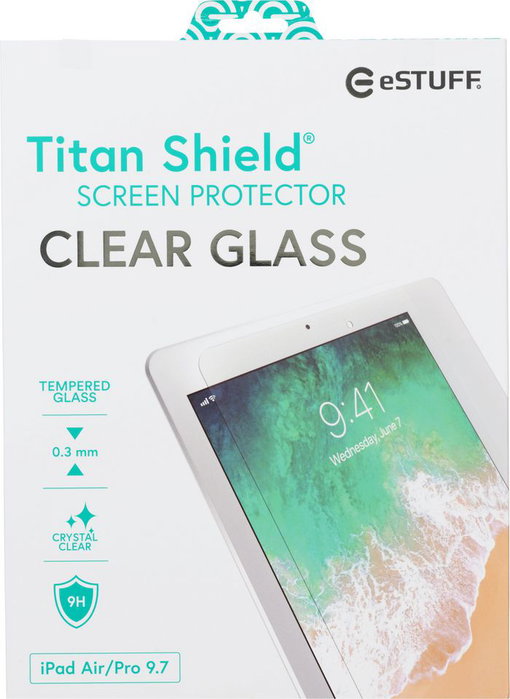 eSTUFF Titan Shield® Protecteur d'écran en verre trempé 9H, anti-éclats, pour iPad Air/Air 2/Pro 9,7", compatible avec les coques, kit de nettoyage inclus