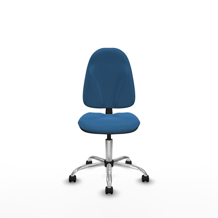 Chaise Algarra Contact permament de base Cuir écologique Bleu clair Structure chromée Sans accoudoirs Sans appui-tête Roulettes en nylon 50 mm