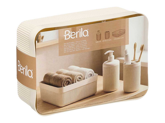 BERILO Set de distributeur avec gobelet et plateau à rayures blanc