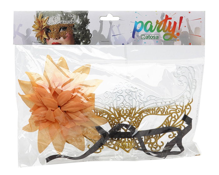 Veneciano Mascara Dorado Brillante - Masque vénitien doré brillant avec détails ajourés et décoration florale pour déguisement de bal masqué