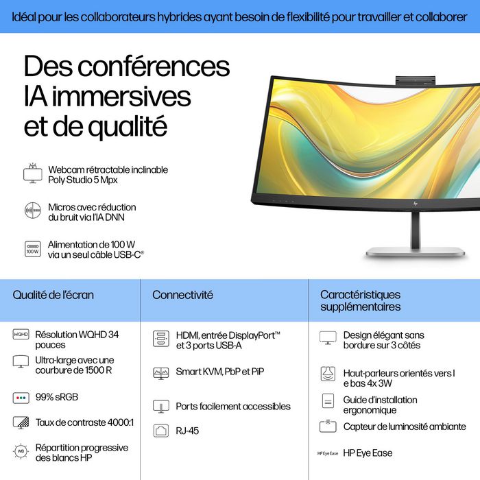 HP HP 534pm Écran de visioconférence incurvé 34 pouces WQHD USB-C Jet black HP HP 534pm Écran de visioconférence incurvé 34 pouces WQHD USB-C Jet black